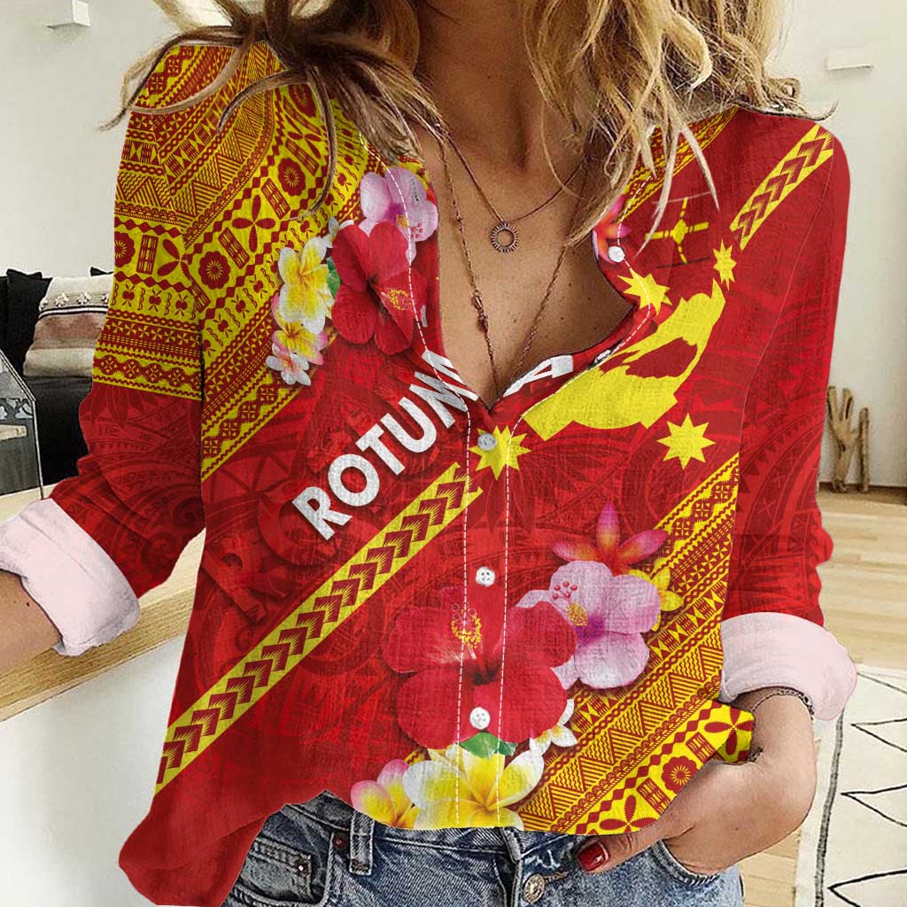 Rotuma Island Women Casual Shirt Fijian Tapa with Polynesian Art and Hibiscus LT03 Female Red - Polynesian Pride