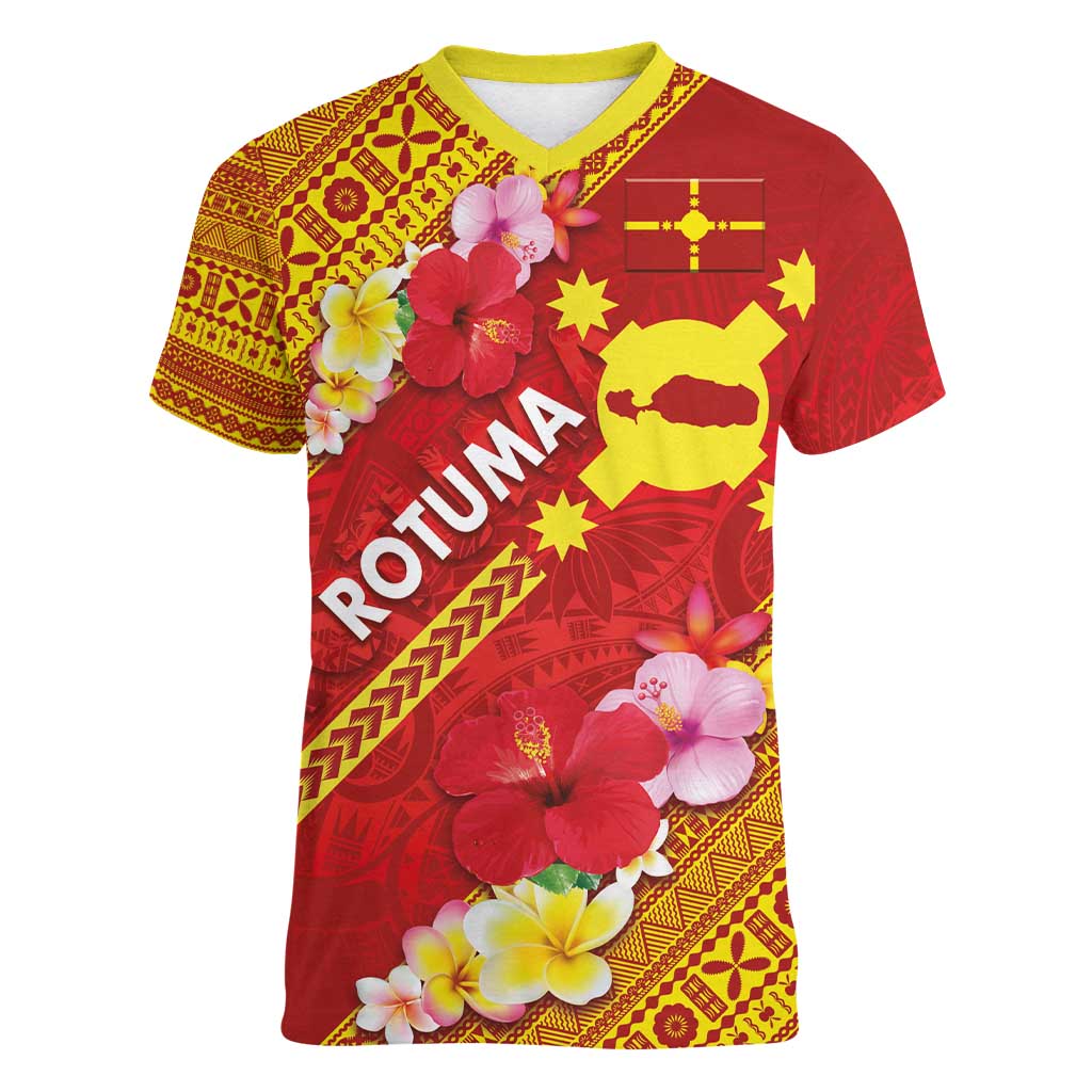 Rotuma Island Women V-Neck T-Shirt Fijian Tapa with Polynesian Art and Hibiscus