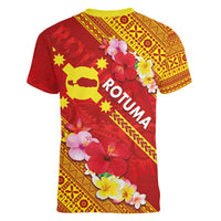 Rotuma Island Women V-Neck T-Shirt Fijian Tapa with Polynesian Art and Hibiscus LT03 - Polynesian Pride