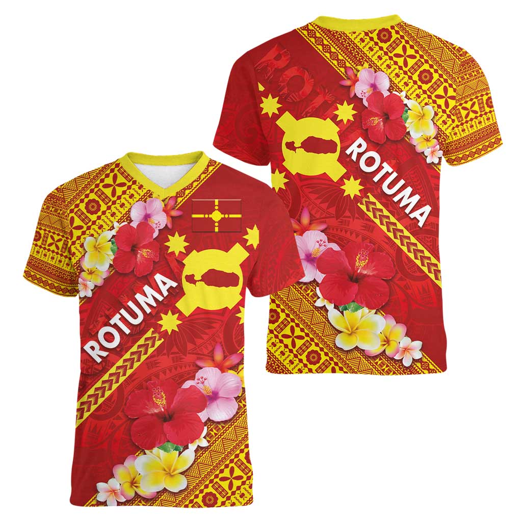 Rotuma Island Women V-Neck T-Shirt Fijian Tapa with Polynesian Art and Hibiscus LT03 - Polynesian Pride