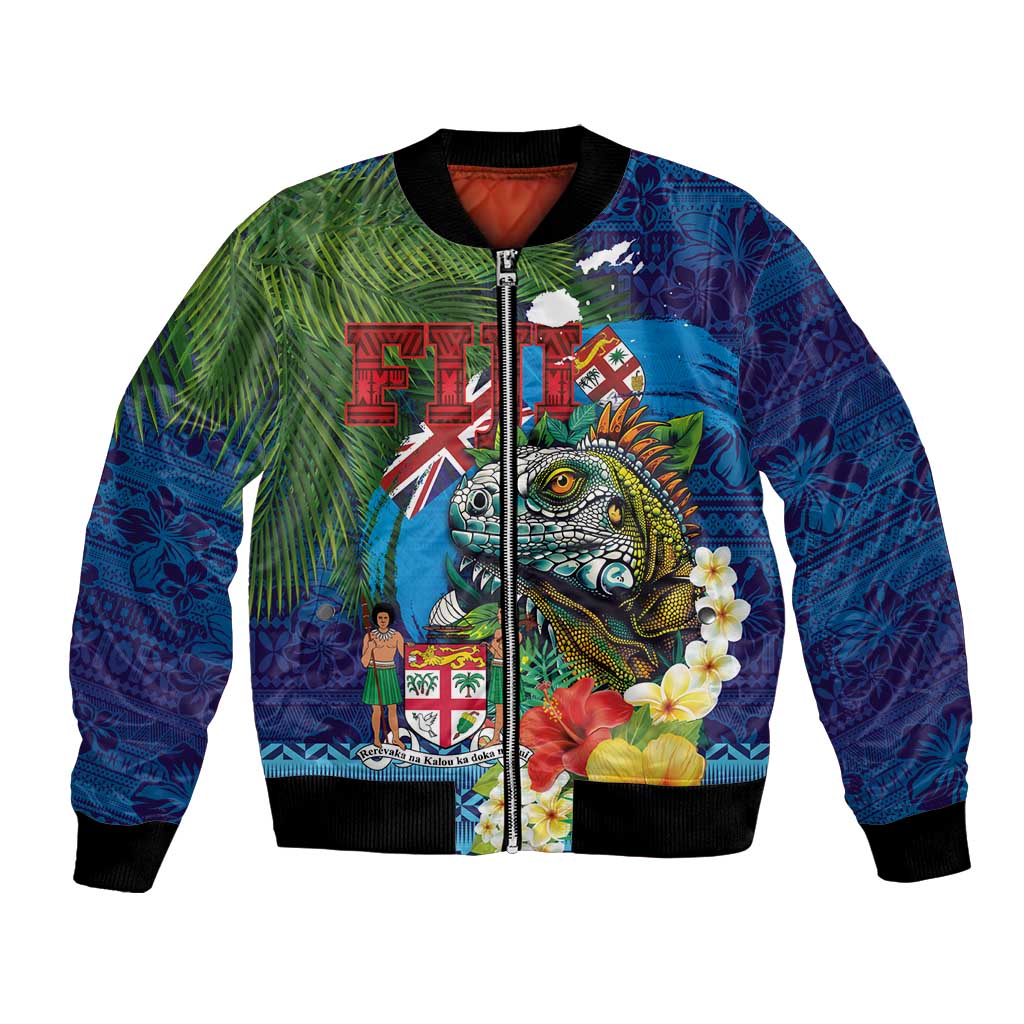 Fiji Iguana-Coat of Arms Bomber Jacket with Hibiscus and Plumeria Palm Tree Tapa Art