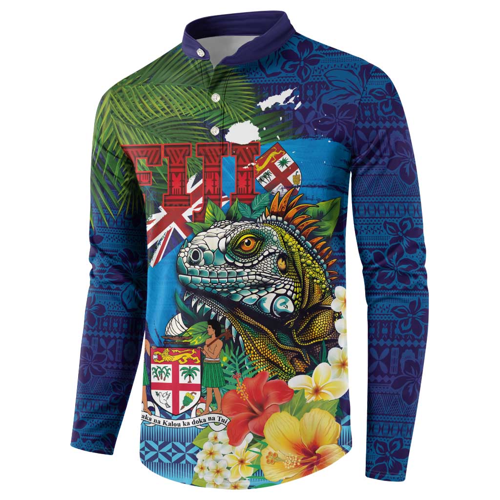 Fiji Iguana-Coat of Arms Button Sweatshirt with Hibiscus and Plumeria Palm Tree Tapa Art