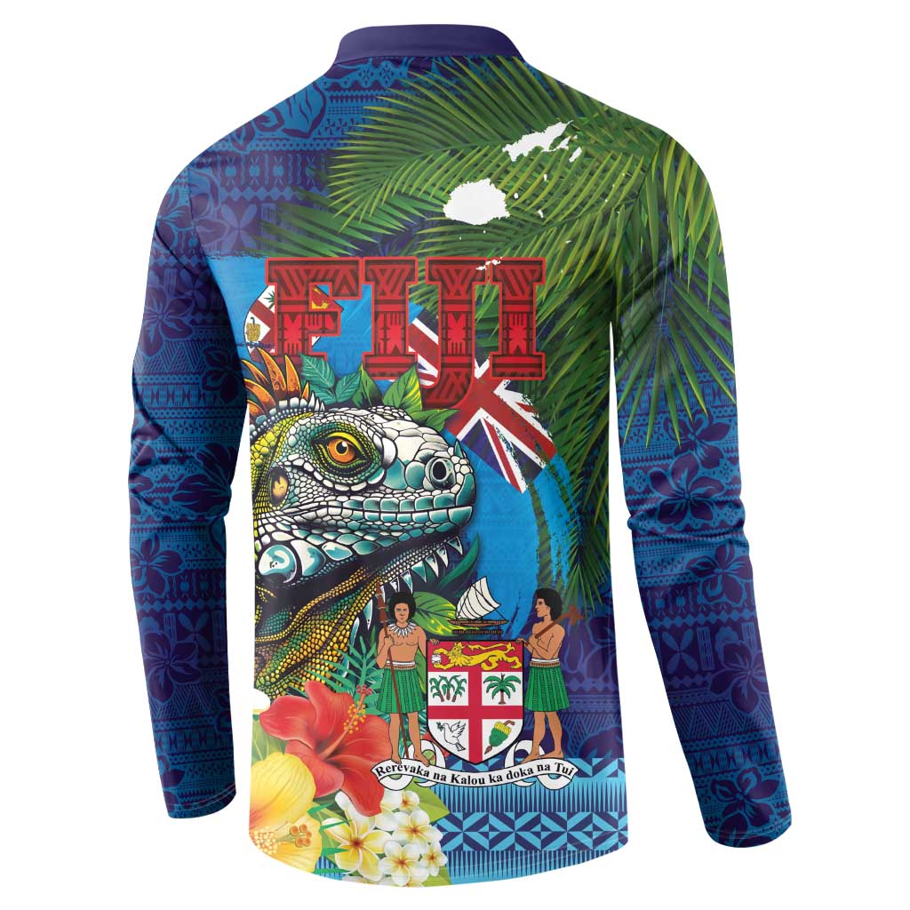 Fiji Iguana-Coat of Arms Button Sweatshirt with Hibiscus and Plumeria Palm Tree Tapa Art