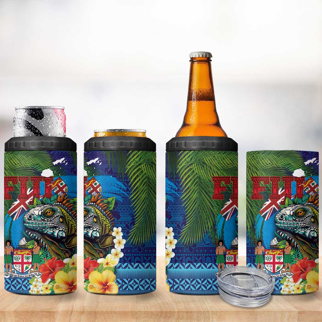 Fiji Iguana-Coat of Arms 4 in 1 Can Cooler Tumbler with Hibiscus and Plumeria Palm Tree Tapa Art LT03 - Polynesian Pride
