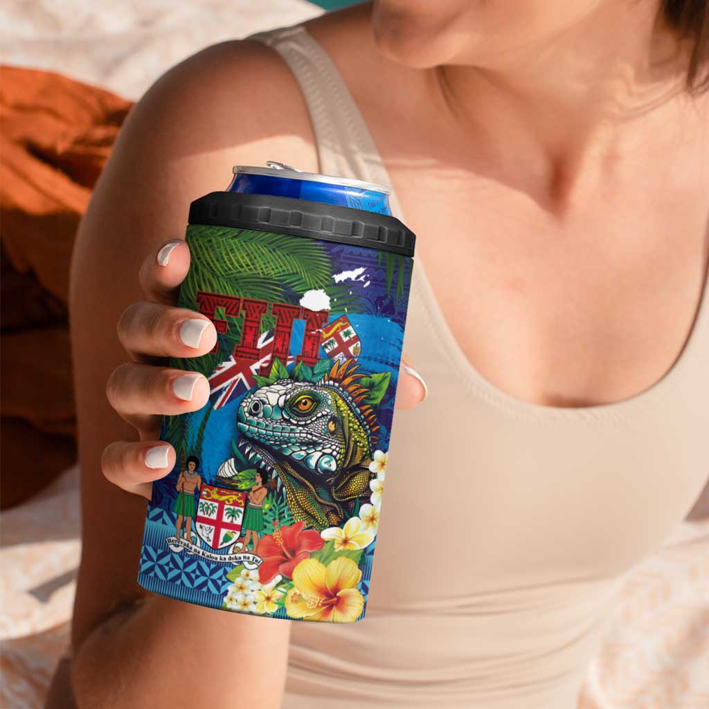 Fiji Iguana-Coat of Arms 4 in 1 Can Cooler Tumbler with Hibiscus and Plumeria Palm Tree Tapa Art LT03 - Polynesian Pride