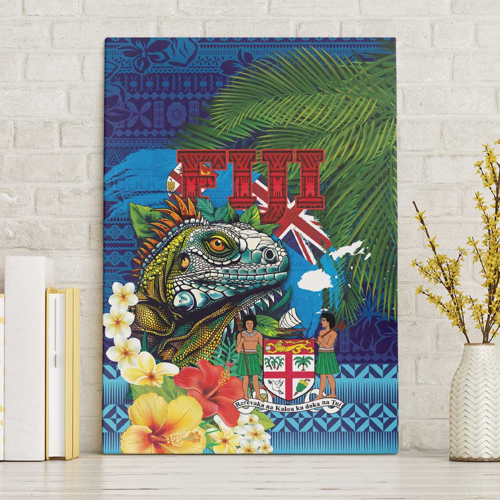 Fiji Iguana-Coat of Arms Canvas Wall Art with Hibiscus and Plumeria Palm Tree Tapa Art