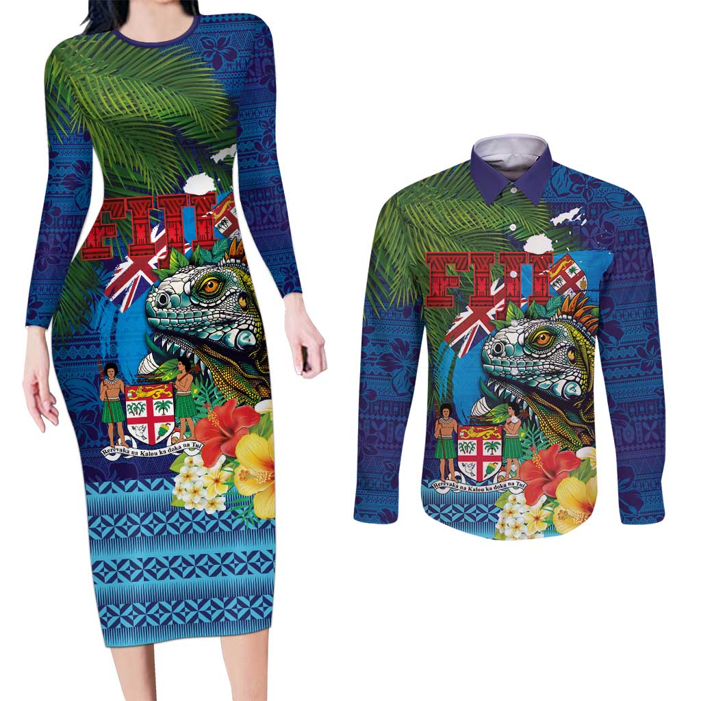 Fiji Iguana-Coat of Arms Couples Matching Long Sleeve Bodycon Dress and Long Sleeve Button Shirt with Hibiscus and Plumeria Palm Tree Tapa Art LT03 Blue - Polynesian Pride