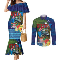 Fiji Iguana-Coat of Arms Couples Matching Mermaid Dress and Long Sleeve Button Shirt with Hibiscus and Plumeria Palm Tree Tapa Art LT03 Blue - Polynesian Pride