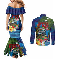 Fiji Iguana-Coat of Arms Couples Matching Mermaid Dress and Long Sleeve Button Shirt with Hibiscus and Plumeria Palm Tree Tapa Art LT03 - Polynesian Pride