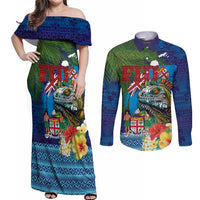 Fiji Iguana-Coat of Arms Couples Matching Off Shoulder Maxi Dress and Long Sleeve Button Shirt with Hibiscus and Plumeria Palm Tree Tapa Art LT03 Blue - Polynesian Pride