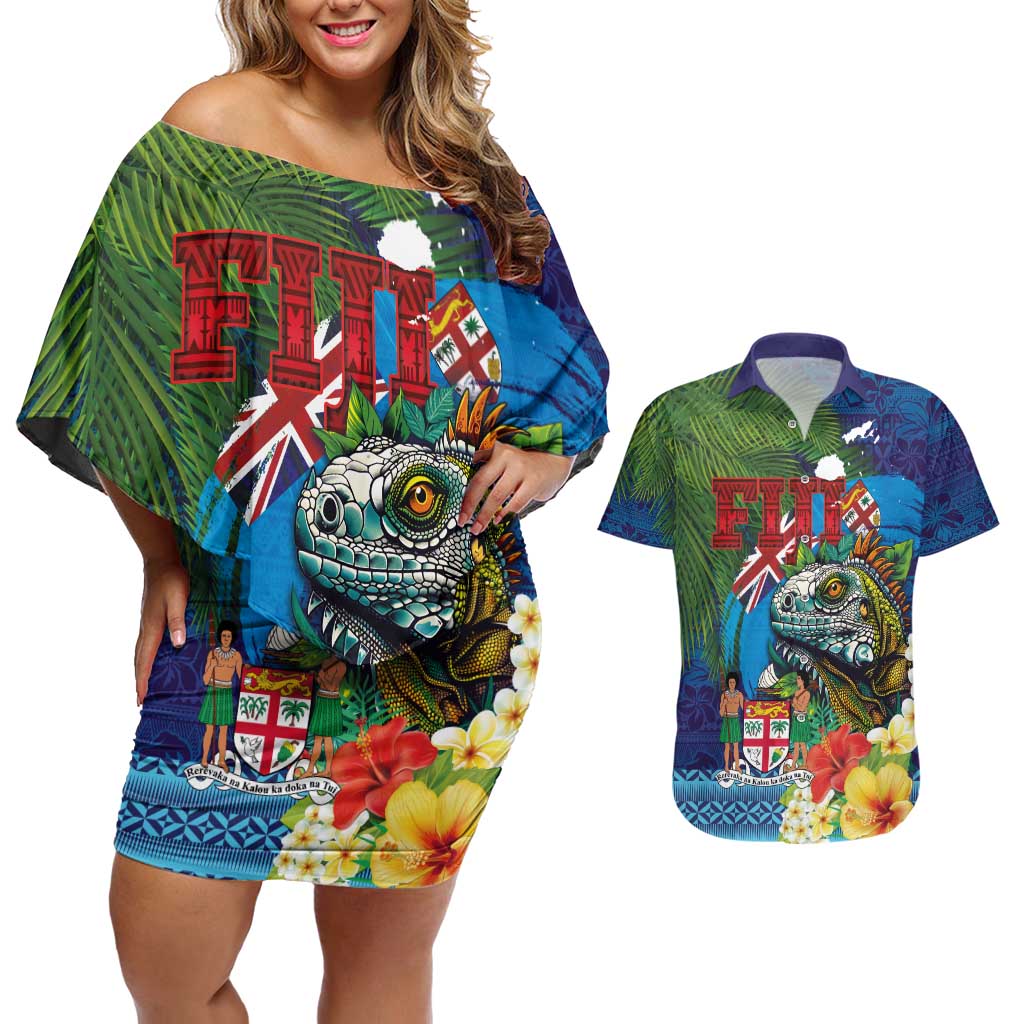Fiji Iguana-Coat of Arms Couples Matching Off Shoulder Short Dress and Hawaiian Shirt with Hibiscus and Plumeria Palm Tree Tapa Art LT03 Blue - Polynesian Pride