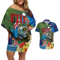 Fiji Iguana-Coat of Arms Couples Matching Off Shoulder Short Dress and Hawaiian Shirt with Hibiscus and Plumeria Palm Tree Tapa Art LT03 Blue - Polynesian Pride