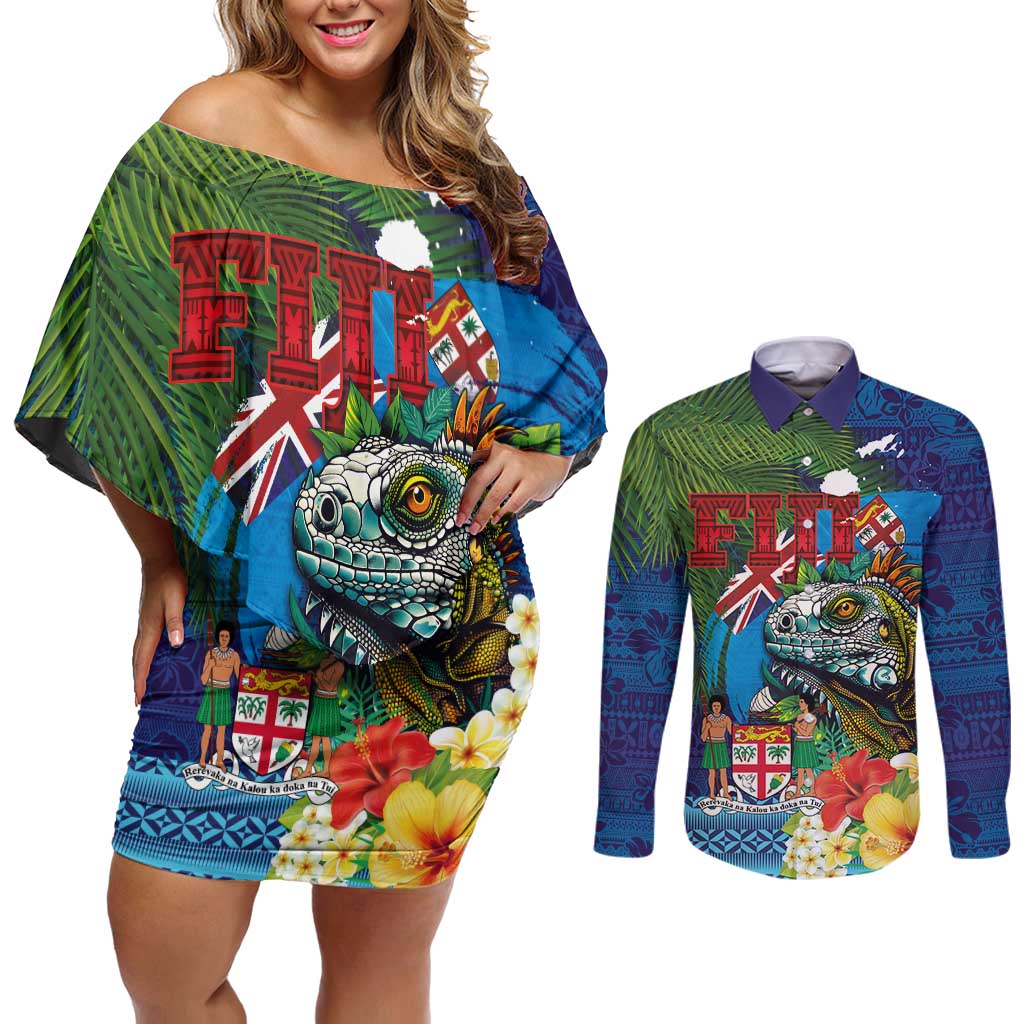 Fiji Iguana-Coat of Arms Couples Matching Off Shoulder Short Dress and Long Sleeve Button Shirt with Hibiscus and Plumeria Palm Tree Tapa Art LT03 Blue - Polynesian Pride