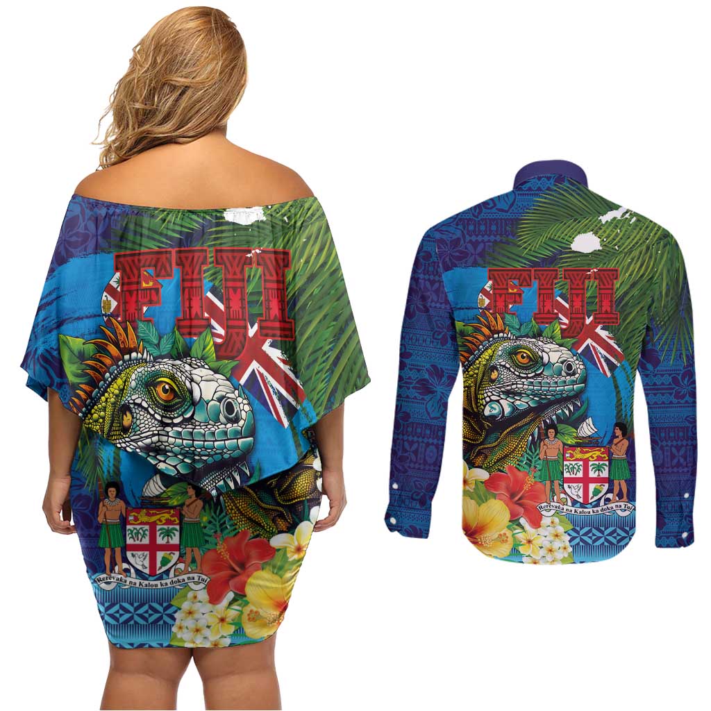 Fiji Iguana-Coat of Arms Couples Matching Off Shoulder Short Dress and Long Sleeve Button Shirt with Hibiscus and Plumeria Palm Tree Tapa Art LT03 - Polynesian Pride