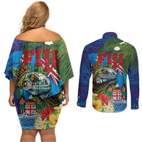 Fiji Iguana-Coat of Arms Couples Matching Off Shoulder Short Dress and Long Sleeve Button Shirt with Hibiscus and Plumeria Palm Tree Tapa Art LT03 - Polynesian Pride