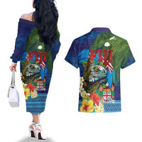 Fiji Iguana-Coat of Arms Couples Matching Off The Shoulder Long Sleeve Dress and Hawaiian Shirt with Hibiscus and Plumeria Palm Tree Tapa Art LT03 - Polynesian Pride