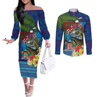 Fiji Iguana-Coat of Arms Couples Matching Off The Shoulder Long Sleeve Dress and Long Sleeve Button Shirt with Hibiscus and Plumeria Palm Tree Tapa Art LT03 Blue - Polynesian Pride