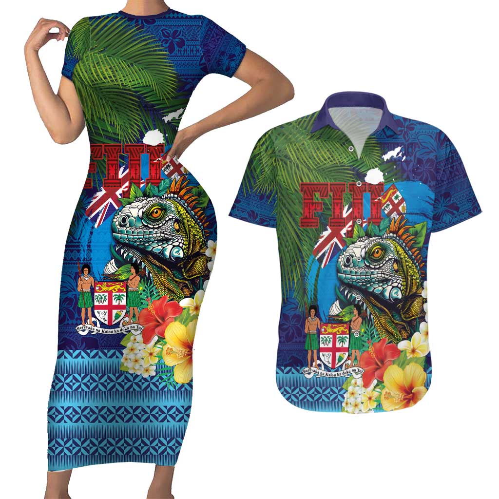 Fiji Iguana-Coat of Arms Couples Matching Short Sleeve Bodycon Dress and Hawaiian Shirt with Hibiscus and Plumeria Palm Tree Tapa Art LT03 Blue - Polynesian Pride