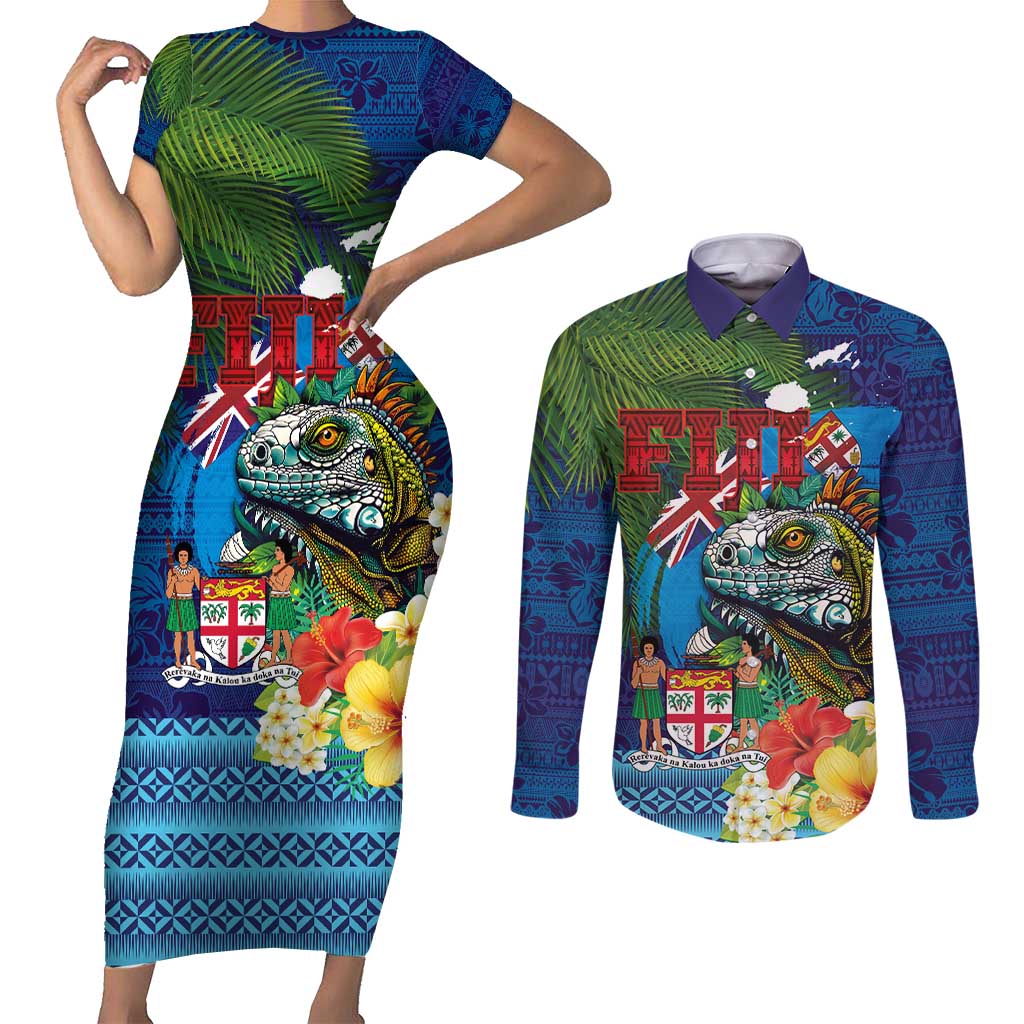 Fiji Iguana-Coat of Arms Couples Matching Short Sleeve Bodycon Dress and Long Sleeve Button Shirt with Hibiscus and Plumeria Palm Tree Tapa Art LT03 Blue - Polynesian Pride