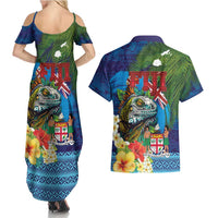 Fiji Iguana-Coat of Arms Couples Matching Summer Maxi Dress and Hawaiian Shirt with Hibiscus and Plumeria Palm Tree Tapa Art LT03 - Polynesian Pride