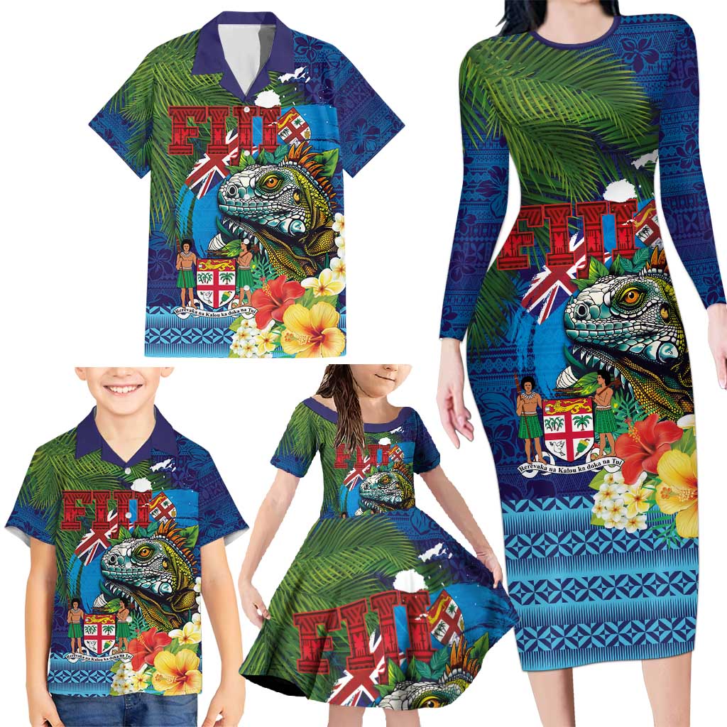 Fiji Iguana-Coat of Arms Family Matching Long Sleeve Bodycon Dress and Hawaiian Shirt with Hibiscus and Plumeria Palm Tree Tapa Art LT03 - Polynesian Pride