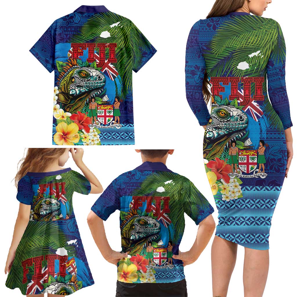 Fiji Iguana-Coat of Arms Family Matching Long Sleeve Bodycon Dress and Hawaiian Shirt with Hibiscus and Plumeria Palm Tree Tapa Art LT03 - Polynesian Pride