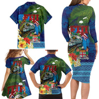 Fiji Iguana-Coat of Arms Family Matching Long Sleeve Bodycon Dress and Hawaiian Shirt with Hibiscus and Plumeria Palm Tree Tapa Art LT03 - Polynesian Pride