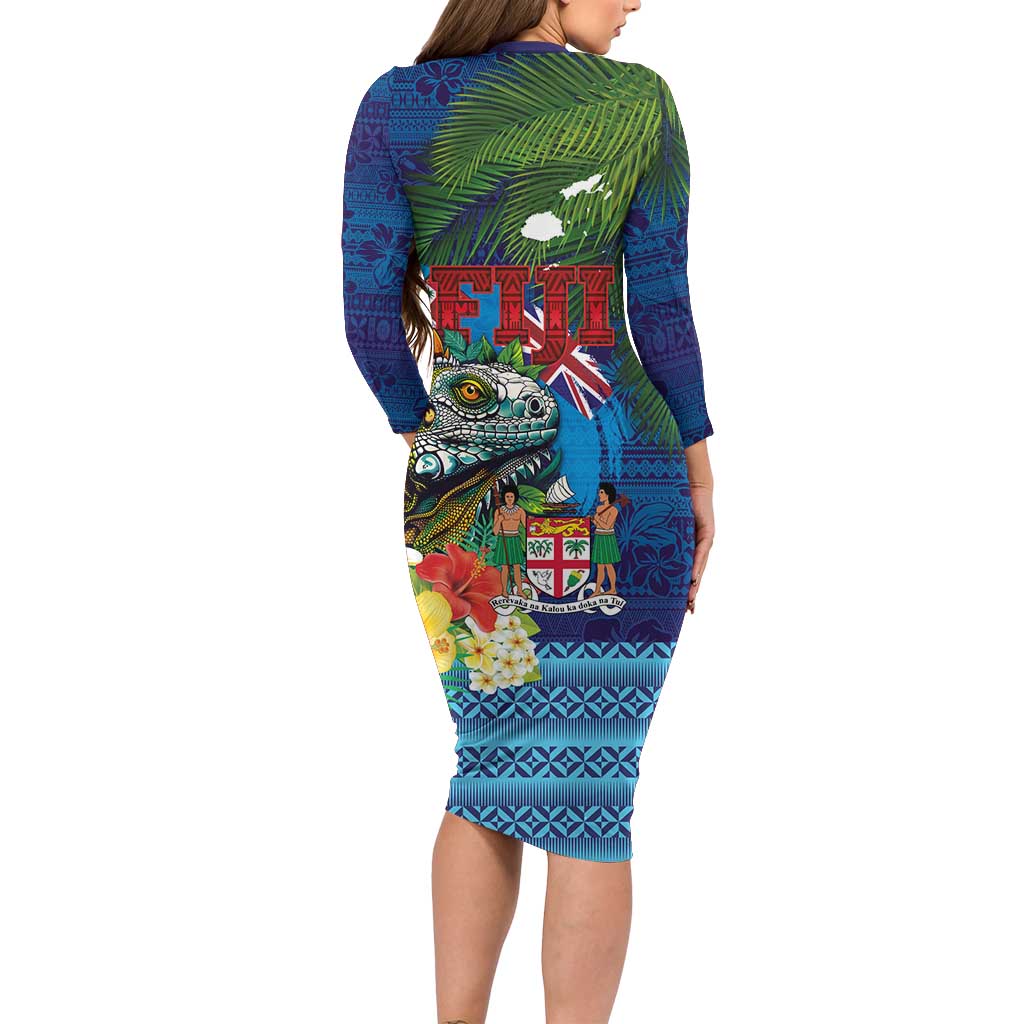 Fiji Iguana-Coat of Arms Family Matching Long Sleeve Bodycon Dress and Hawaiian Shirt with Hibiscus and Plumeria Palm Tree Tapa Art LT03 - Polynesian Pride