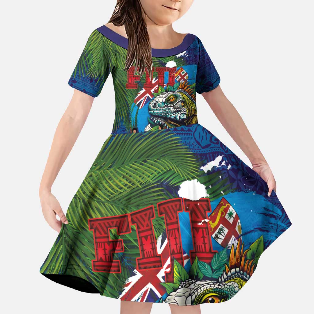 Fiji Iguana-Coat of Arms Family Matching Mermaid Dress and Hawaiian Shirt with Hibiscus and Plumeria Palm Tree Tapa Art LT03 Daughter's Dress Blue - Polynesian Pride