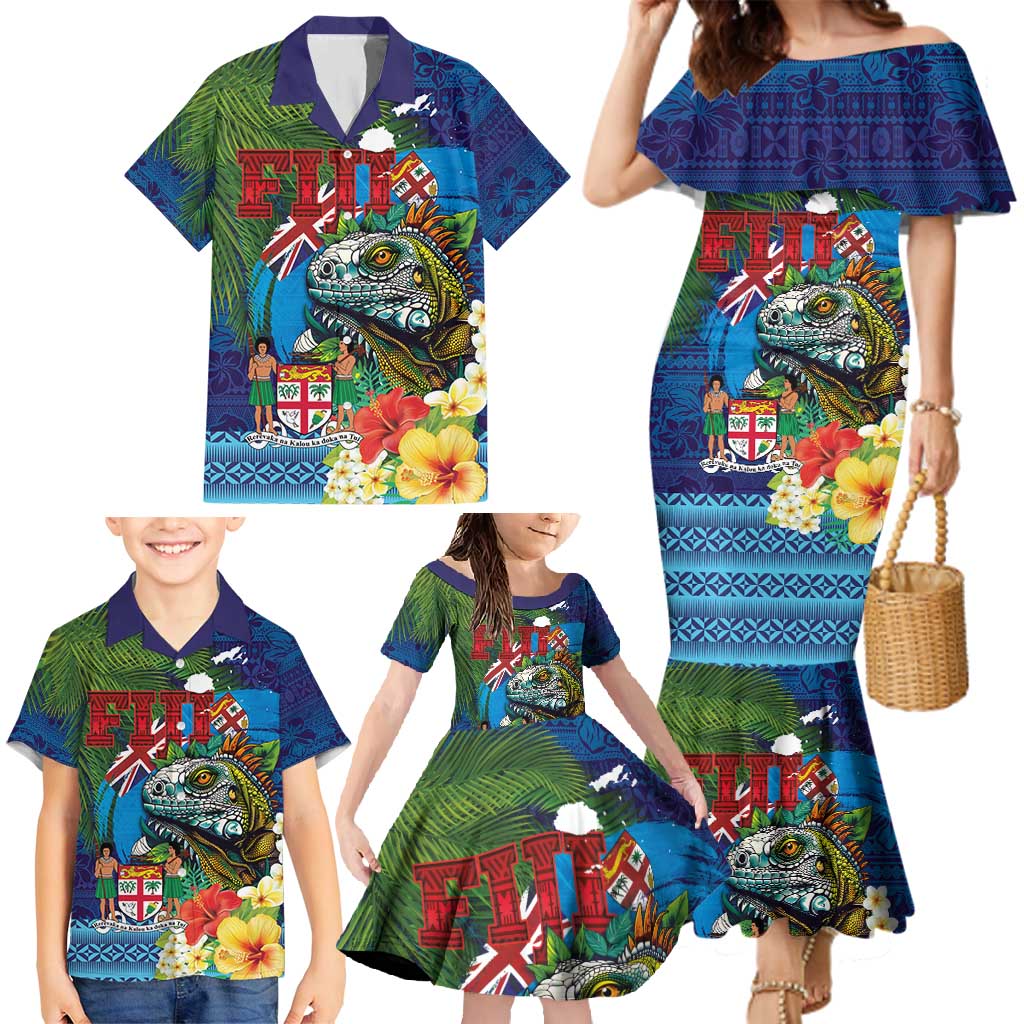 Fiji Iguana-Coat of Arms Family Matching Mermaid Dress and Hawaiian Shirt with Hibiscus and Plumeria Palm Tree Tapa Art LT03 - Polynesian Pride