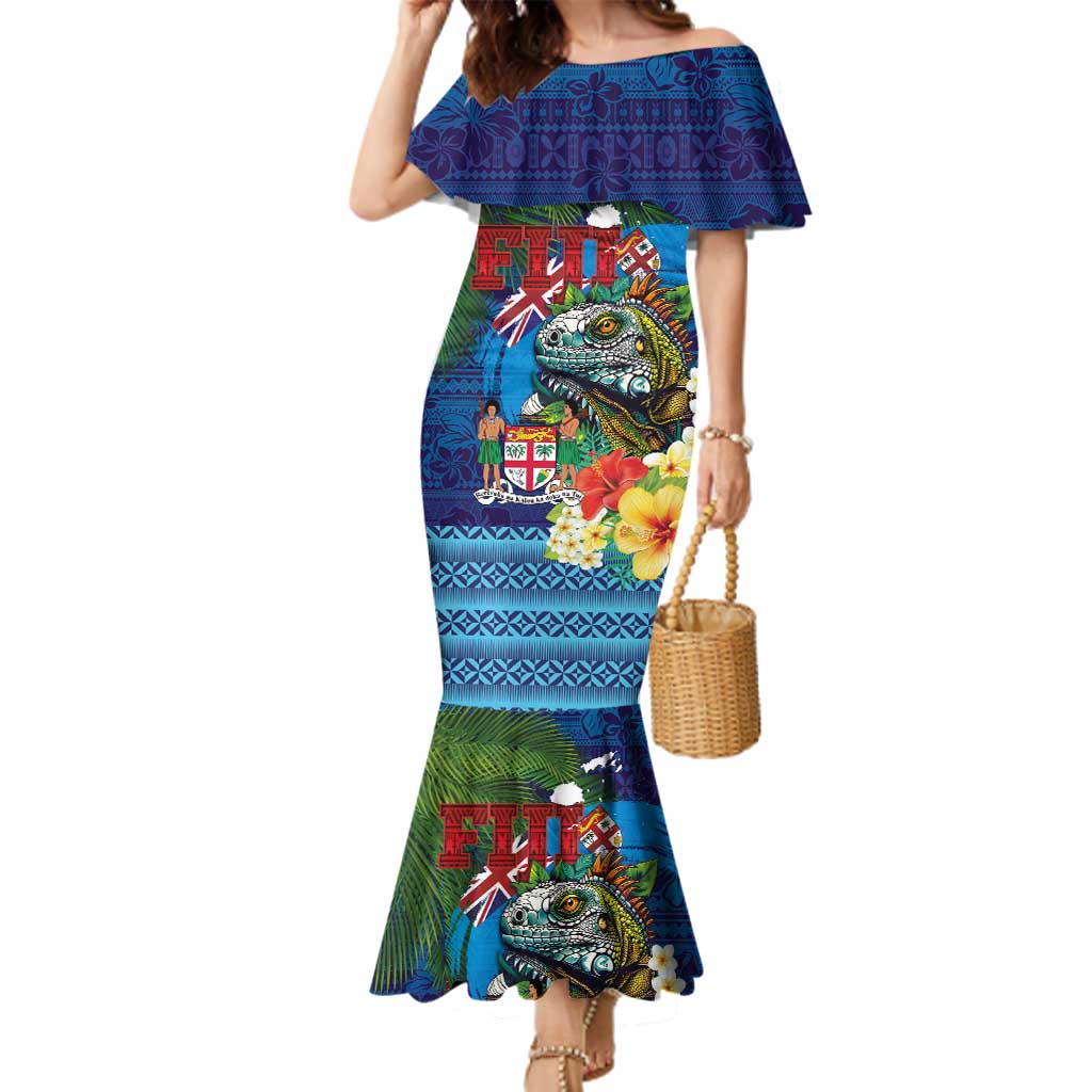Fiji Iguana-Coat of Arms Family Matching Mermaid Dress and Hawaiian Shirt with Hibiscus and Plumeria Palm Tree Tapa Art LT03 Mom's Dress Blue - Polynesian Pride