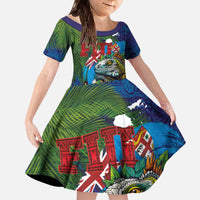 Fiji Iguana-Coat of Arms Family Matching Off The Shoulder Long Sleeve Dress and Hawaiian Shirt with Hibiscus and Plumeria Palm Tree Tapa Art LT03 Daughter's Dress Blue - Polynesian Pride