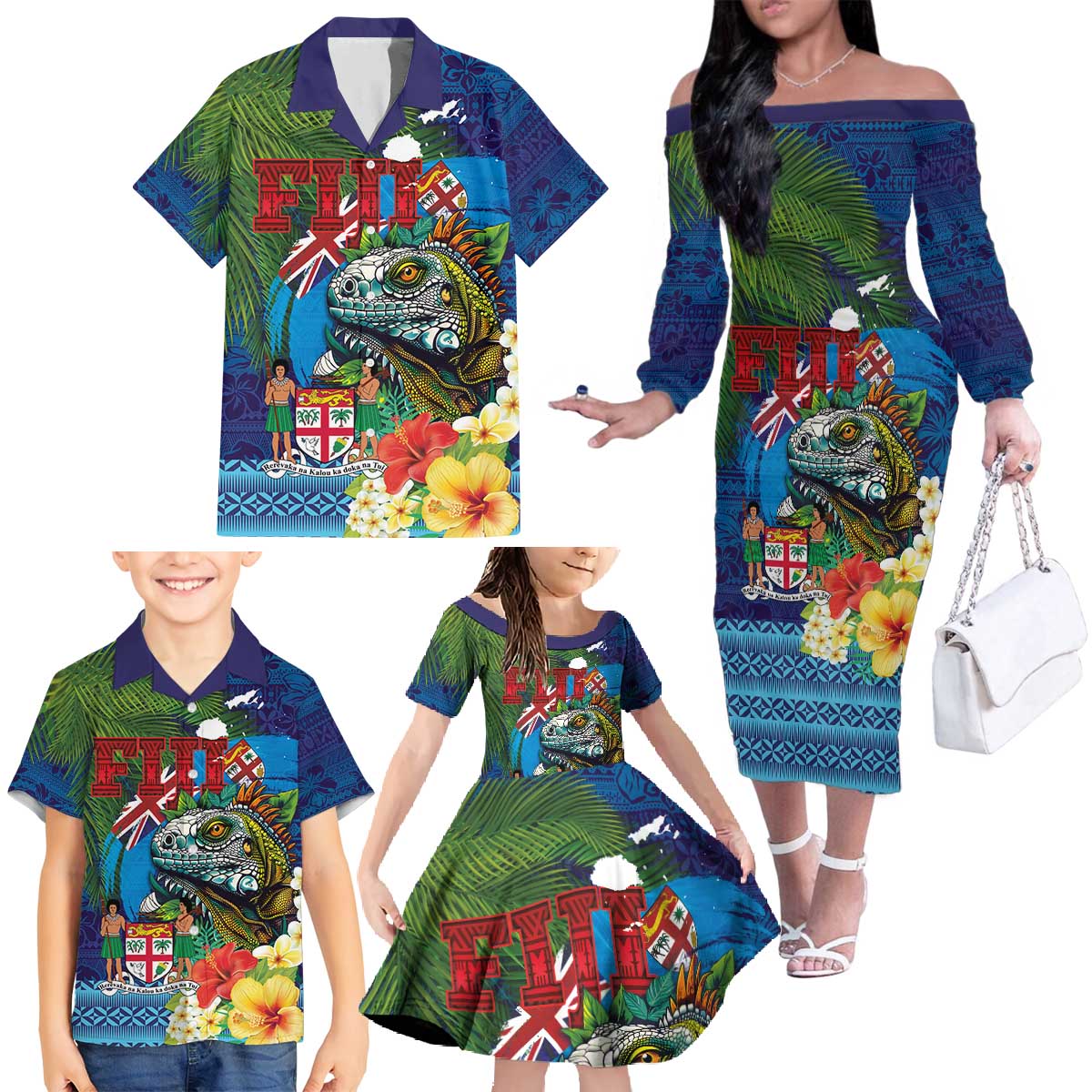 Fiji Iguana-Coat of Arms Family Matching Off The Shoulder Long Sleeve Dress and Hawaiian Shirt with Hibiscus and Plumeria Palm Tree Tapa Art