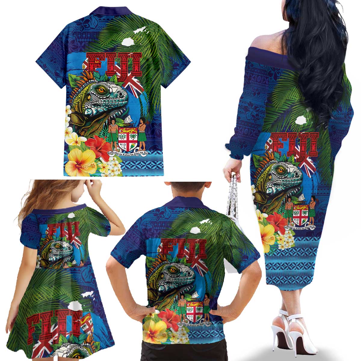 Fiji Iguana-Coat of Arms Family Matching Off The Shoulder Long Sleeve Dress and Hawaiian Shirt with Hibiscus and Plumeria Palm Tree Tapa Art LT03 - Polynesian Pride