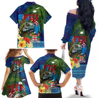 Fiji Iguana-Coat of Arms Family Matching Off The Shoulder Long Sleeve Dress and Hawaiian Shirt with Hibiscus and Plumeria Palm Tree Tapa Art LT03 - Polynesian Pride