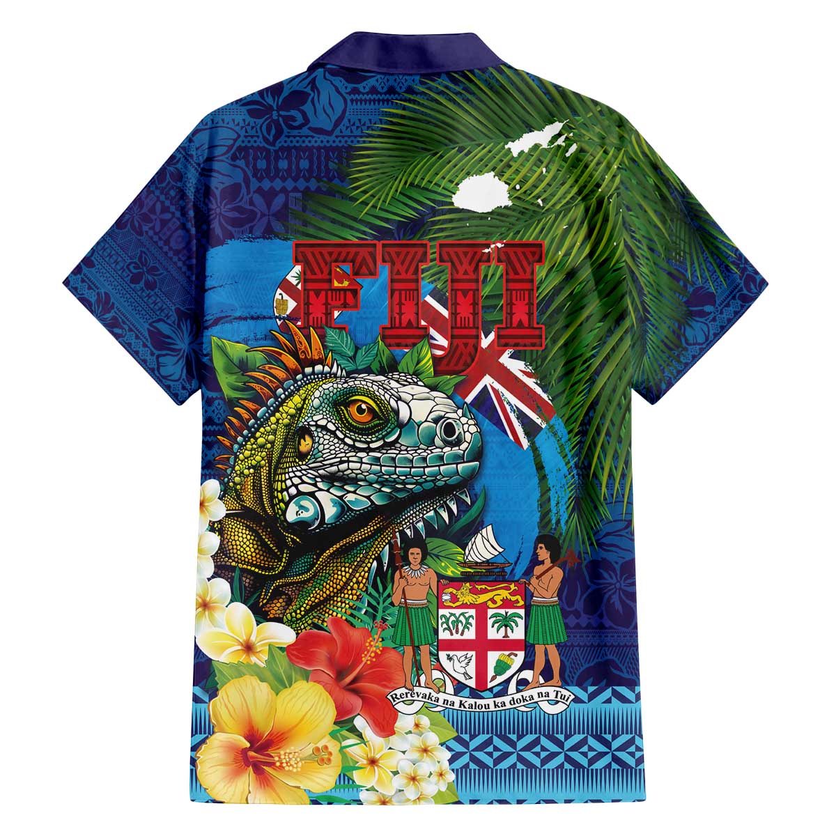 Fiji Iguana-Coat of Arms Family Matching Off The Shoulder Long Sleeve Dress and Hawaiian Shirt with Hibiscus and Plumeria Palm Tree Tapa Art LT03 - Polynesian Pride