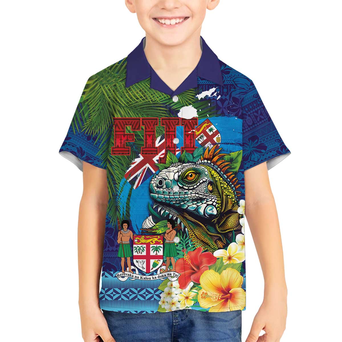 Fiji Iguana-Coat of Arms Family Matching Off The Shoulder Long Sleeve Dress and Hawaiian Shirt with Hibiscus and Plumeria Palm Tree Tapa Art LT03 Son's Shirt Blue - Polynesian Pride