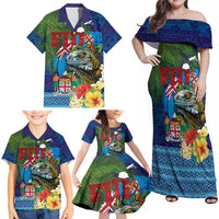 Fiji Iguana-Coat of Arms Family Matching Off Shoulder Maxi Dress and Hawaiian Shirt with Hibiscus and Plumeria Palm Tree Tapa Art LT03 - Polynesian Pride