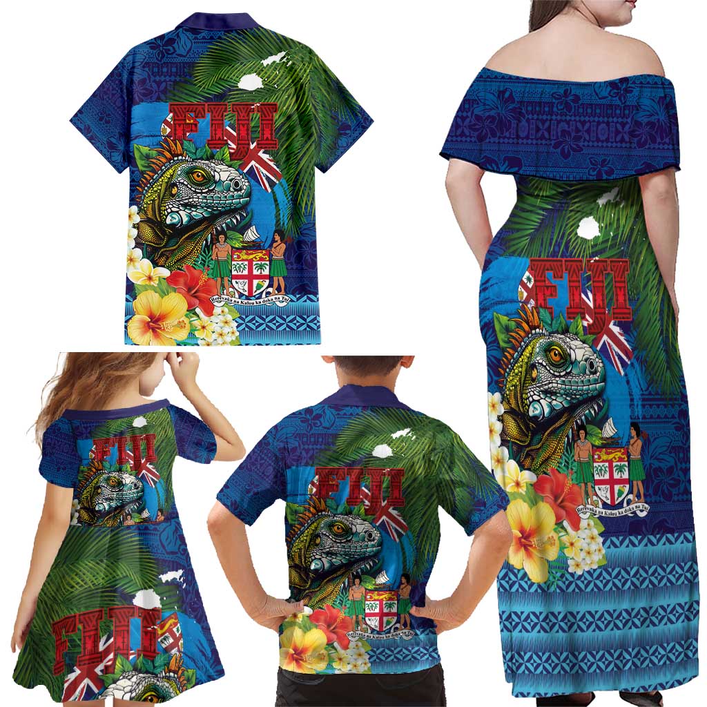 Fiji Iguana-Coat of Arms Family Matching Off Shoulder Maxi Dress and Hawaiian Shirt with Hibiscus and Plumeria Palm Tree Tapa Art LT03 - Polynesian Pride