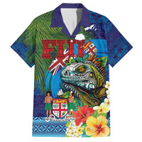 Fiji Iguana-Coat of Arms Family Matching Off Shoulder Maxi Dress and Hawaiian Shirt with Hibiscus and Plumeria Palm Tree Tapa Art LT03 Dad's Shirt - Short Sleeve Blue - Polynesian Pride