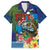 Fiji Iguana-Coat of Arms Family Matching Off Shoulder Maxi Dress and Hawaiian Shirt with Hibiscus and Plumeria Palm Tree Tapa Art