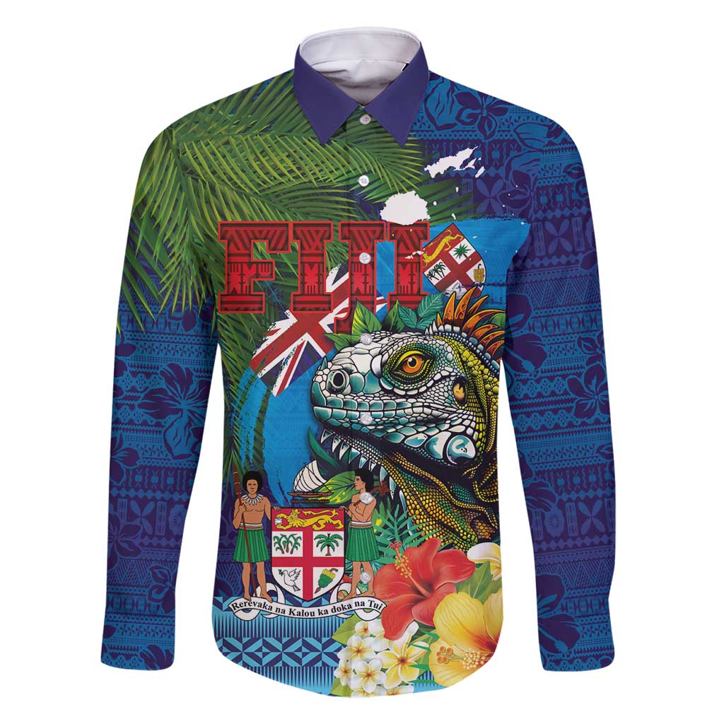 Fiji Iguana-Coat of Arms Family Matching Off Shoulder Maxi Dress and Hawaiian Shirt with Hibiscus and Plumeria Palm Tree Tapa Art LT03 Dad's Shirt - Long Sleeve Blue - Polynesian Pride
