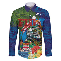 Fiji Iguana-Coat of Arms Family Matching Off Shoulder Maxi Dress and Hawaiian Shirt with Hibiscus and Plumeria Palm Tree Tapa Art LT03 Dad's Shirt - Long Sleeve Blue - Polynesian Pride