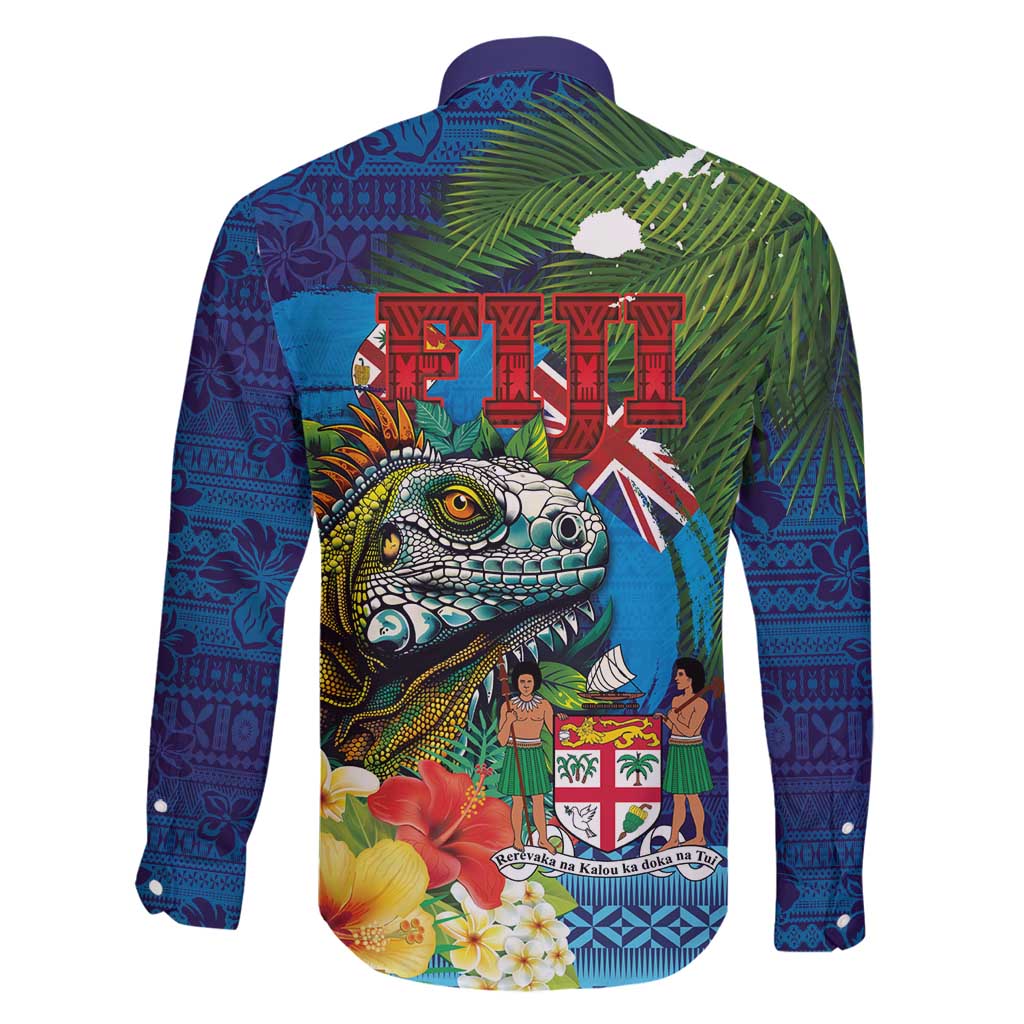 Fiji Iguana-Coat of Arms Family Matching Off Shoulder Maxi Dress and Hawaiian Shirt with Hibiscus and Plumeria Palm Tree Tapa Art LT03 - Polynesian Pride