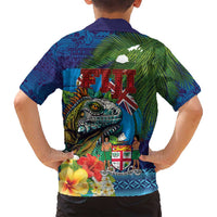 Fiji Iguana-Coat of Arms Family Matching Off Shoulder Short Dress and Hawaiian Shirt with Hibiscus and Plumeria Palm Tree Tapa Art LT03 - Polynesian Pride