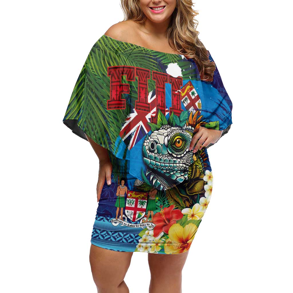 Fiji Iguana-Coat of Arms Family Matching Off Shoulder Short Dress and Hawaiian Shirt with Hibiscus and Plumeria Palm Tree Tapa Art LT03 Mom's Dress Blue - Polynesian Pride