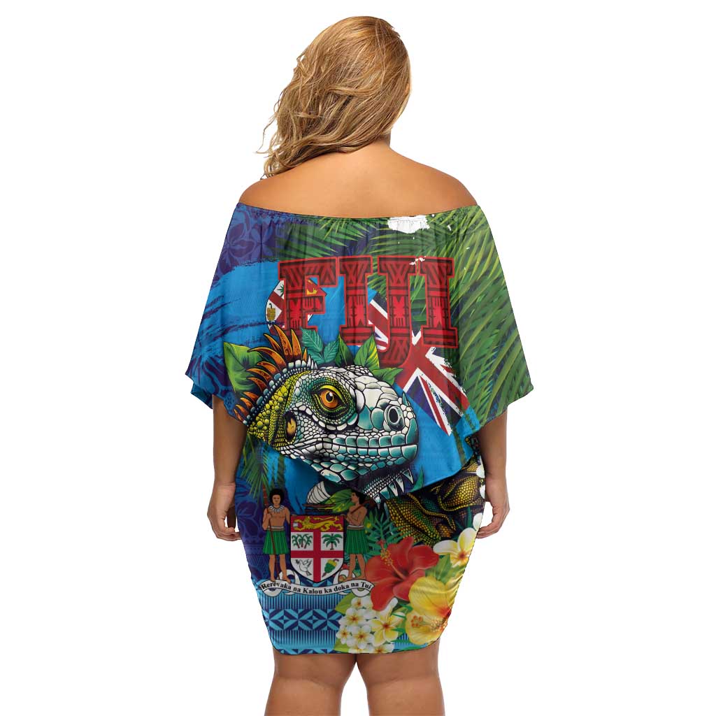 Fiji Iguana-Coat of Arms Family Matching Off Shoulder Short Dress and Hawaiian Shirt with Hibiscus and Plumeria Palm Tree Tapa Art LT03 - Polynesian Pride