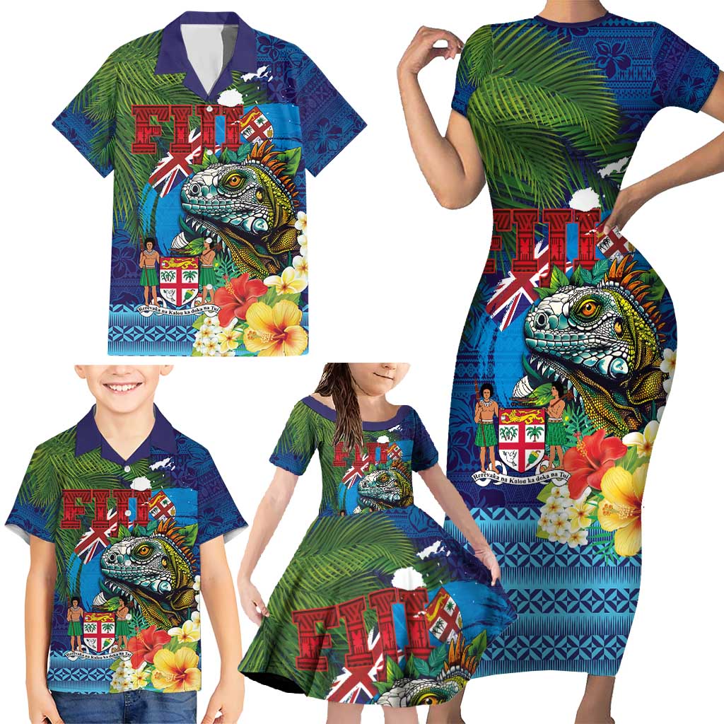 Fiji Iguana-Coat of Arms Family Matching Short Sleeve Bodycon Dress and Hawaiian Shirt with Hibiscus and Plumeria Palm Tree Tapa Art LT03 - Polynesian Pride