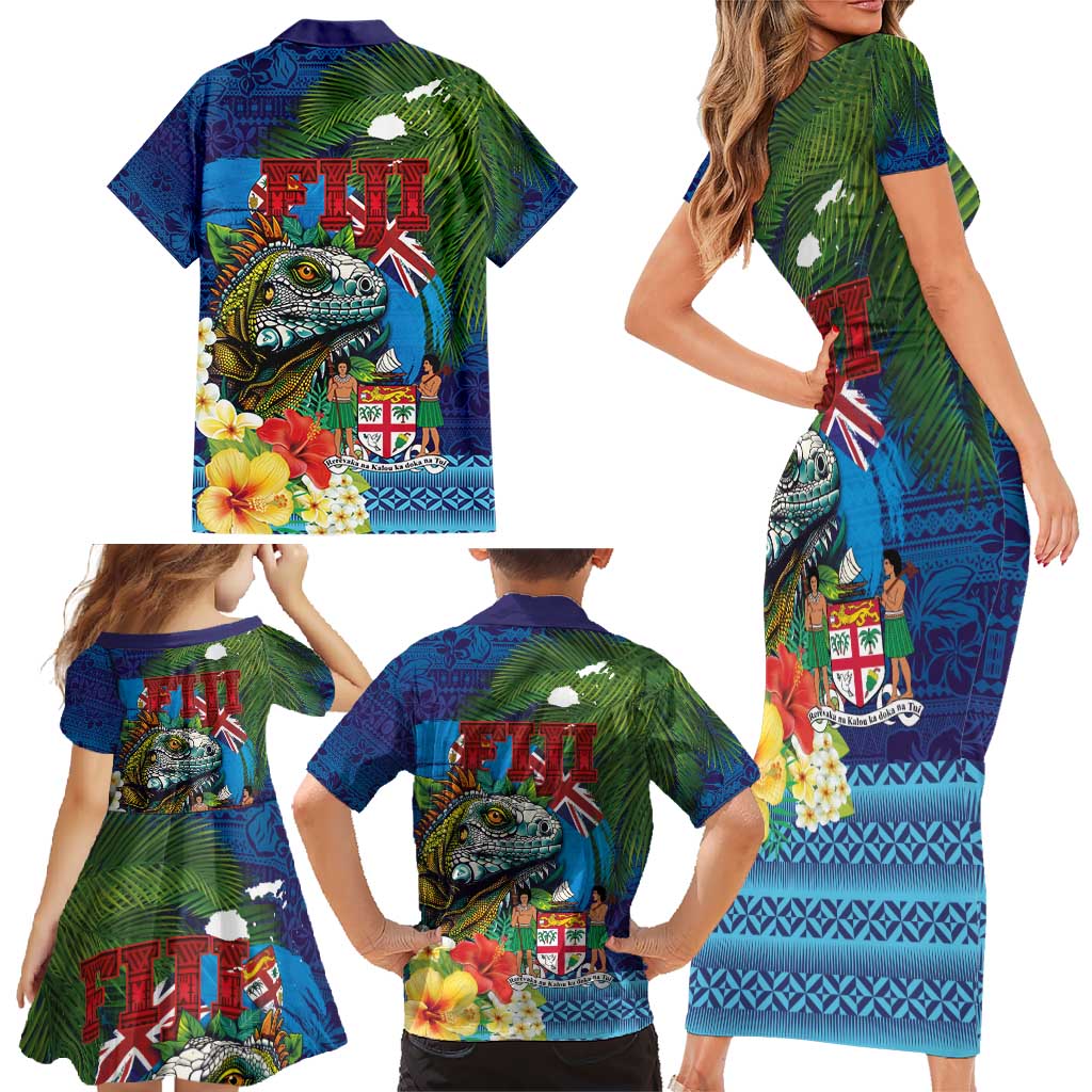 Fiji Iguana-Coat of Arms Family Matching Short Sleeve Bodycon Dress and Hawaiian Shirt with Hibiscus and Plumeria Palm Tree Tapa Art LT03 - Polynesian Pride