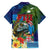 Fiji Iguana-Coat of Arms Family Matching Short Sleeve Bodycon Dress and Hawaiian Shirt with Hibiscus and Plumeria Palm Tree Tapa Art
